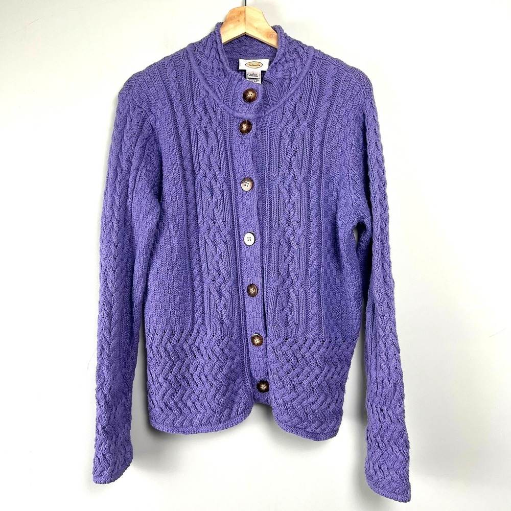 Vtg Talbots Purple Cable Knit Cardigan Sweater L Cottagecore Feminine Boho Chic
